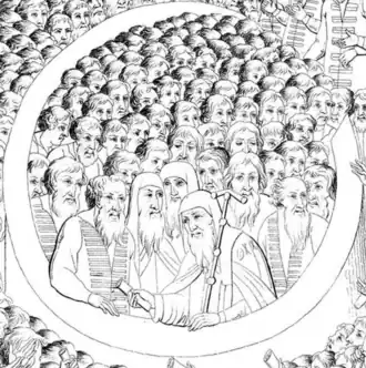 «Собравшийся народ присягает новоизбранному царю Михаилу Фёдоровичу» (фрагмент иллюстрации из коронационного альбома Михаила Фёдоровича, 1673). В. П. Морозов стоит на Лобном месте, одетый в красный кафтан, рядом с ним со свитком в руке архиепископ рязанский Феодорит, между ними Авраамий Палицын.