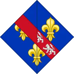 Герб Жанны де Бурбон-Вандом. С левой стороны ромба герб Бурбонского герцогства, а справа герб графства де Вандом