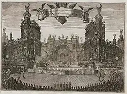 Вид сцены постановки «Анжелика победительница Альчины». 1716. Парк Фаворита, Вена. Офорт. Герцогская библиотека, Бад-Арользен