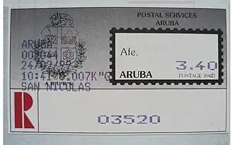 1999: для заказного отправления, компания Postal Services Aruba («Почтовые услуги Арубы»)[^]