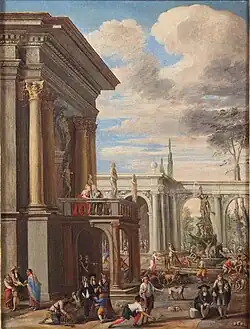 Aрхитектурное каприччо с рыночной сценой. Между 1645 и 1706. Холст, масло. Частное собрание