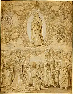 Вознесение Девы Марии с папой Сикстом IV. 1481. Рисунок для фрески алтарной стены Сикстинской капеллы в Ватикане, уничтоженной в 1535 году, чтобы освободить место для «Страшного суда» Микеланджело. Галерея Альбертина, Вена