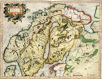 Карта Скандинавии из атласа Меркатора, 1595 год. Белое море названо «Bella more id est Album mare». Также присутствует озеро «Lacus albus».