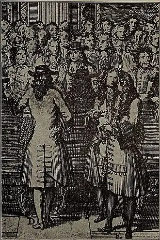 За столом сидит Ф. Лефорт. По правую руку от него сидит в русском кафтане Ф. А. Головин, по левую П. Б. Возницын в шубе, гравюра 1697 г.