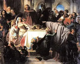 Картина XIX века. Сценка из легенды о святом Ламберте, где он выступает против Альпаиды.