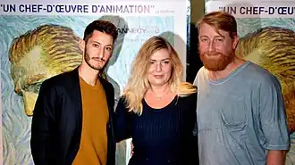 Пьер Нине, Дорота Кобела и Хью Уэлшмэн на парижской премьере фильма «С любовью, Винсент», 2017