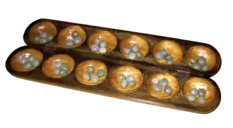 Складная деревянная доска для игры в вари. Начальная позиция. В каждой лунке по 4 семени цезальпинии бондук