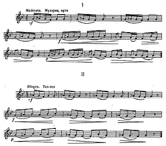 Ноты мелодий первой (с текстом хора танцоров) и второй частей танца (в третьей части повторяются ноты второй, но в быстром темпе)