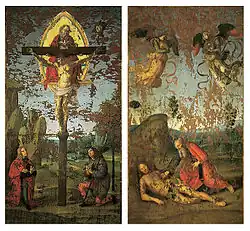 Рафаэль Санти. «Знамя Пресвятой Троицы». Диптих: Распятие, Сотворение Евы из ребра Адама. 1499. Дерево, темпера, масло.