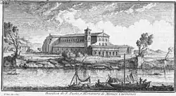 Базилика Сан-Паоло-фуори-ле-Мура с берега Тибра. Гравюра Дж. Вази. 1754