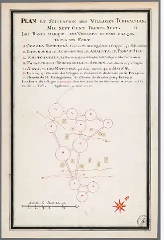Нападения на деревни чикасо в 1736 году. Французская копия карты, выполненная в индейском стиле