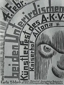 Плакат к Фестивалю художников Альтоны «В подземельях Союза художников Альтоны», Венцель Хаблик, 1928. Ксилография, 42,8 × 58,8.