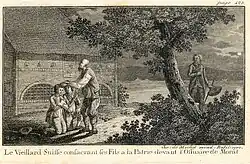 Старый швейцарец посвящает своих сыновей Отечеству перед оссуарием в Морате. 1790. Офорт