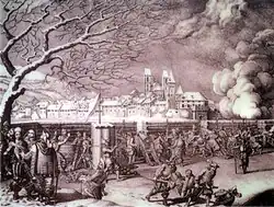 Осада Рапперсвиля в 1656 году. Вид на Рапперсвиль с позиции цюрихских войск, внизу слева генерал Ганс Рудольф Вердмюллер. 1855. Городской музей, Рапперсвиль