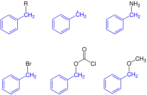Бензильная группа и производные: бензильная группа, бензильный радикал, бензиламин, бензилбромид, бензилхлорформиат, бензилметиловый эфир.