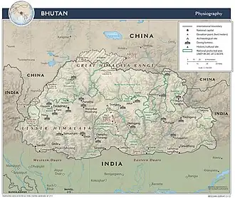 Карта Бутана с обозначением спорных участков границы с Китаем на севере