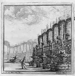 П. Дж. Абацци по рисунку Ф. Г. Бибьены. Титульный лист книги о садах. Офорт