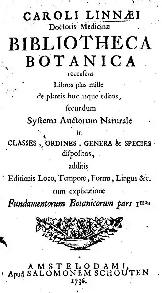Титульный лист первого издания работы Карла Линнея Bibliotheca Botanica