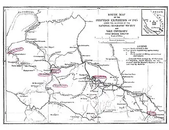 Карта Вилькабамбы 1915 года. Вилькабамбой обозначен город, основанный испанцами в колониальный период, инкская же Вилькабамба скрывается под именем Эспириту-пампы