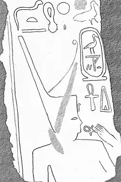 Рисунок каменного блока, на котором изображен фараон Сехемра-Сементауи Джхути, носящий красную корону Нижнего Египта и принимающий жизнь (анх) от божества. Найден в Эдфу