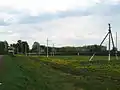 На въезде в село — электростолбы покрашены в цвета флага России (скорее всего в честь Дня Победы)