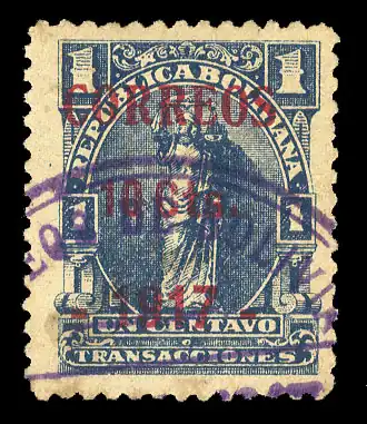 Провизорий Кобихи (1917): красная надпечатка «Correos 10 Cts. - 1917 -» («Почта. 10 сентаво. 1917») на фискальной марке номиналом в 1 сентаво (Sc #102)