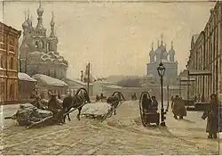 Церковь Рождества Богородицы в Путинках на Малой Дмитровке (слева) и собор Страстного монастыря (на заднем плане справа) в Москве