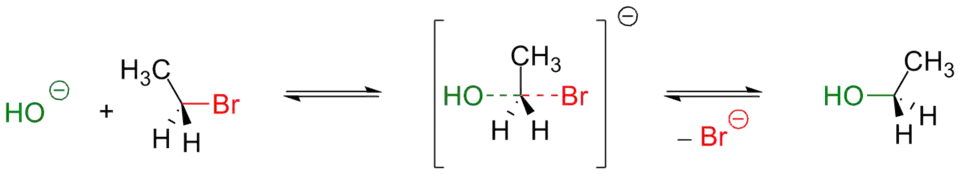 Замещение брома на гидроксид в молекуле бромэтана