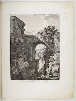 Водопад и мост Сан-Рокко в Тиволи. Офорт из серии «Живописно запечатлённые виды Италии, нарисованные с натуры и награвированные в Риме». 1799