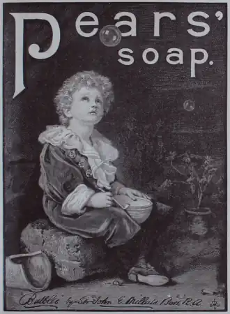 Репродукция картины Мыльные пузыри Джона Эверетта Милле, самая известная реклама мыла. Картина была куплена Томасом Барраттом в августе 1890 года.