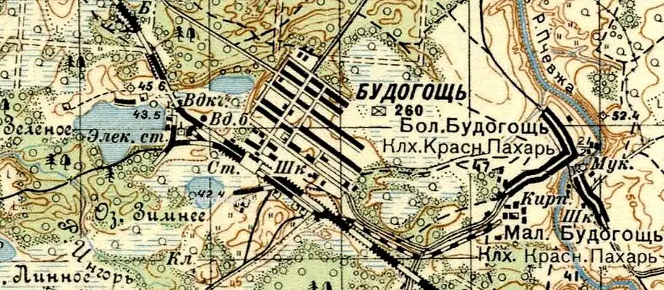Посёлок Будогощь, деревни Большая и Малая Будогощь на карте 1937 года