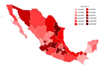 Всего подтверждённых случаев на территории Мексики:
 1—10 подтверждённых случаев
 11—50 подтверждённых случаев
 51—100 подтверждённых случаев
 101—250 подтверждённых случаев
 251—500 подтверждённых случаев
 501—1000 подтверждённых случаев
 1001—5000 подтверждённых случаев
