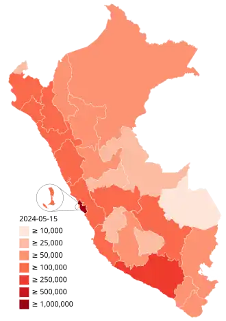 Подтверждённые случаи заражения в Перу:
 1-9 случаев 10-19 случаев 20-39 случаев 40-79 случаев ≥80 случаев ≥1000 случаев