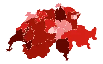 Карта Швейцарии в разрезе количества заражённых 1-99 случаев 100-499 случаев 500-999 случаев 1,000-2,499 случаев 2,500+ случаев