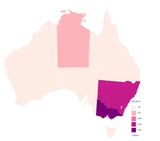 Подтвержденные случаи COVID-19 в Австралии на миллион жителей по штатам или территориям