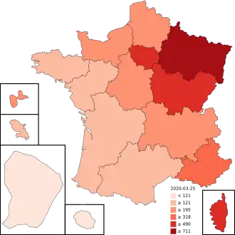 Подтверждённые случаи заражения по регионам Франции (на миллион жителей)