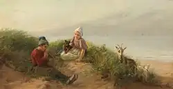 Играющие на берегу дети, с собакой и козами