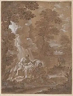 Отдых на пути в Египет. Ок. 1720. Коричневая бумага, сепия, кисть, перо, белила. Национальная галерея искусства, Вашингтон