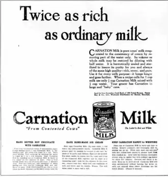 Реклама Carnation Evaporated Milk в газете, 1921 год