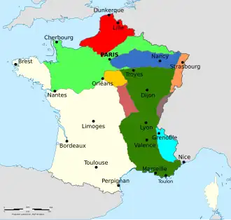 Карта оккупации Франции союзными державами
 Зона Британской оккупации
 Зона Прусской оккупации
 Зона Российской оккупации
 Зона Саксонской и Баденской оккупации
 Зона Баварской оккупации
 Зона Вюртенбергской и Гессенской оккупации
 Зона Швейцарской оккупации
 Зона Сардинской оккупации
 Зона Австрийской оккупации