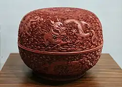 Шкатулка из красного резного лака. Династия Цин (1644—1911). Галерея искусства Цзяннаня в Восточном филиале Шанхайского музея.