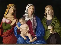 Дева Мария с Младенцем, святой Марией Магдалиной и неизвестной святой. 1500–1505. Дерево, масло. Художественный музей Келвингроув, Глазго