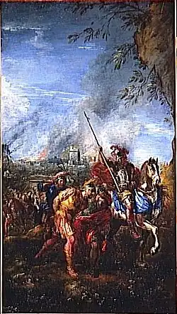 Кавалерист ведёт пленных после взятия города