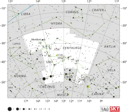 Diagram showing star positions and boundaries of the Centaurus constellation and its surroundings