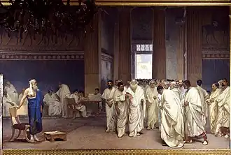 Ч. Маккари. Аппий Клавдий в сенате (фреска, 1881—1888). Палаццо Мадама. Слева — Киней