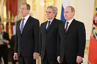 На церемонии вручения верительных грамот послами иностранных государств с В. В. Путиным и С. В. Лавровым. Москва, Кремль, 16 января 2014 года