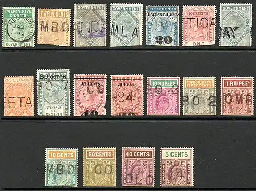 1890-е — 1900-е: верхние половины использованных (разрезанных пополам) марок разных лет, номиналов и дизайнов[en]