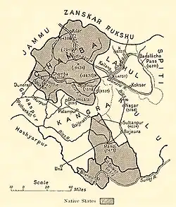 1911 год. Карта княжеских владений на холмах Шимла с указанием границ государства Чамба.