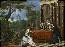 Семья, сидящая за столом в изящном саду. Между 1670 и 1675. Медь, масло. Частное собрание