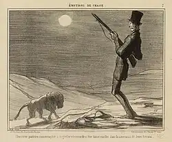 Парижский охотник начал глубоко сожалеть о том, что позволил себя записать в отряд Жюля Жерара. Между 1856 и 1858. Литография